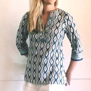 Bella Tu Ikat Print Quinn Tunic Top Beaded Boho Blue Yellow Size M